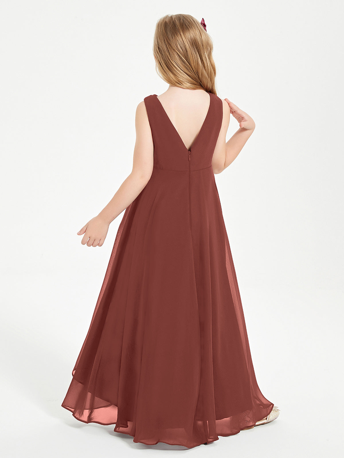 Modern Asymmetrical Cowl Neck Junior Bridesmaid Dresses Terracotta